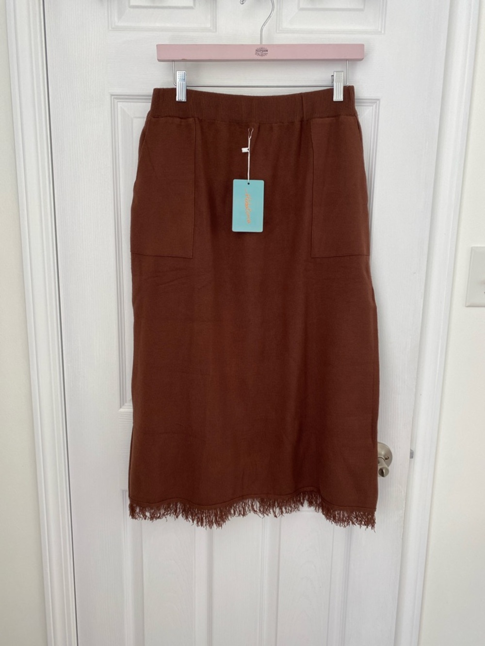 Herbatomia Women's Brown Fringe-Hem Midi Skirt size XL